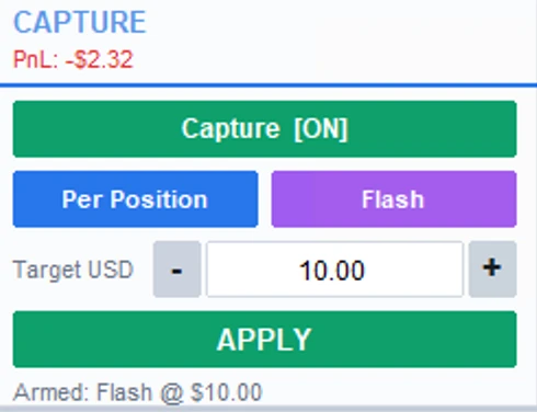 Mini panel CAPTURE VIRTUAL TP LITE - toggle Capture, scope Per Position, mode Flash, dan kolom Target USD