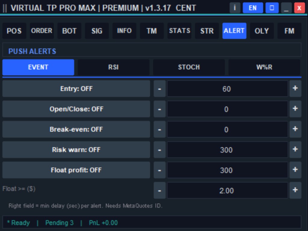 Push Alerts VIRTUAL TP PRO MAX — notifikasi entry, open/close, break-even, risk warning, dan floating profit ke HP