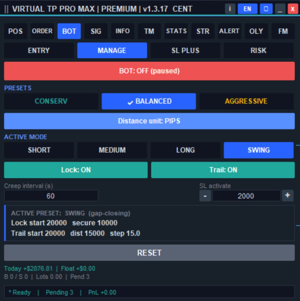 BOT Manage VIRTUAL TP PRO MAX — mode Short/Medium/Long/Swing dengan Lock & Trailing otomatis