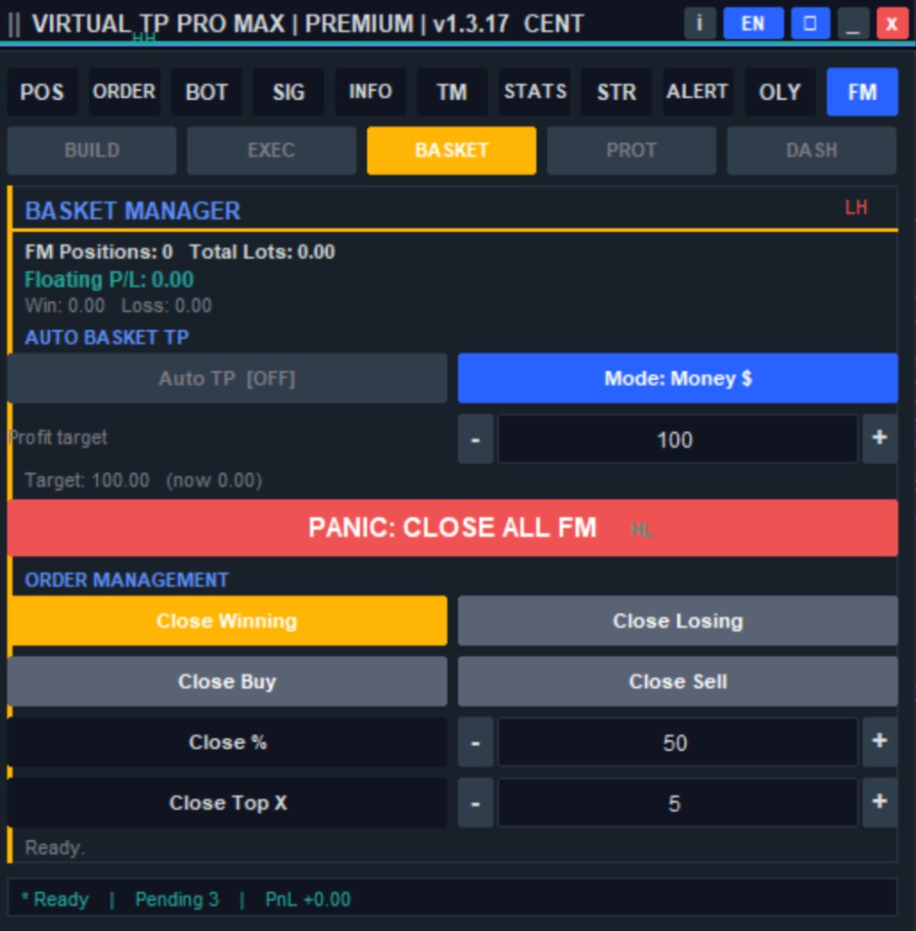 Basket Manager VIRTUAL TP PRO MAX — pantau total lot, floating P/L, auto basket TP, dan panic close