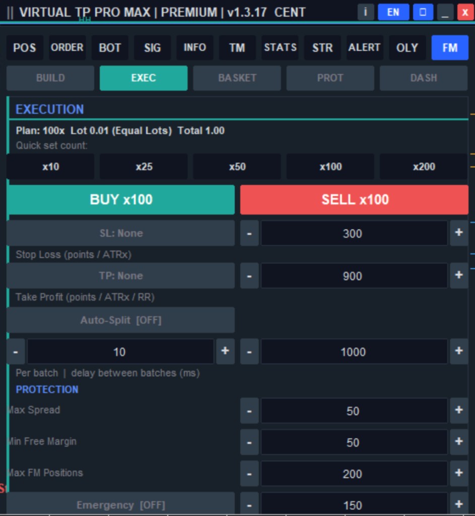 Full Margin Exec VIRTUAL TP PRO MAX — eksekusi multi-posisi massal dengan proteksi spread dan margin