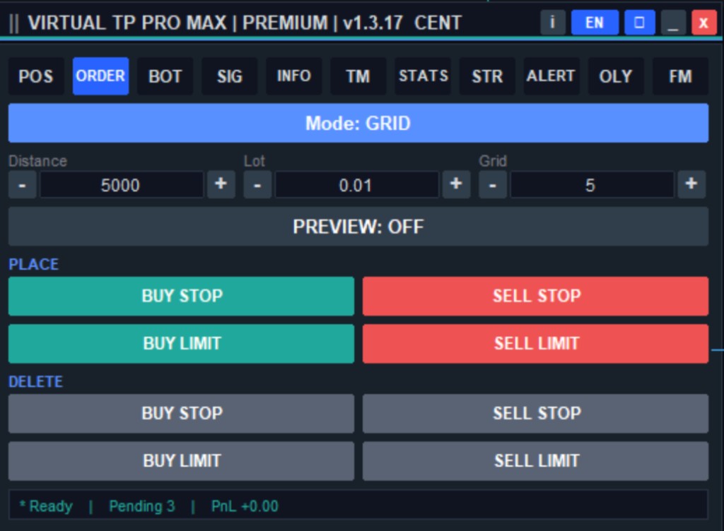 Order Grid VIRTUAL TP PRO MAX — pasang dan hapus pending order Buy/Sell Stop & Limit