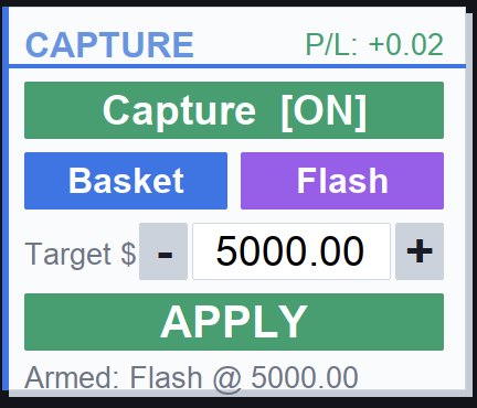Panel mini CAPTURE VIRTUAL TP PRO MAX — Profit Capture Engine: Capture ON, Scope Basket, Mode Flash, Target 5000, tombol Apply