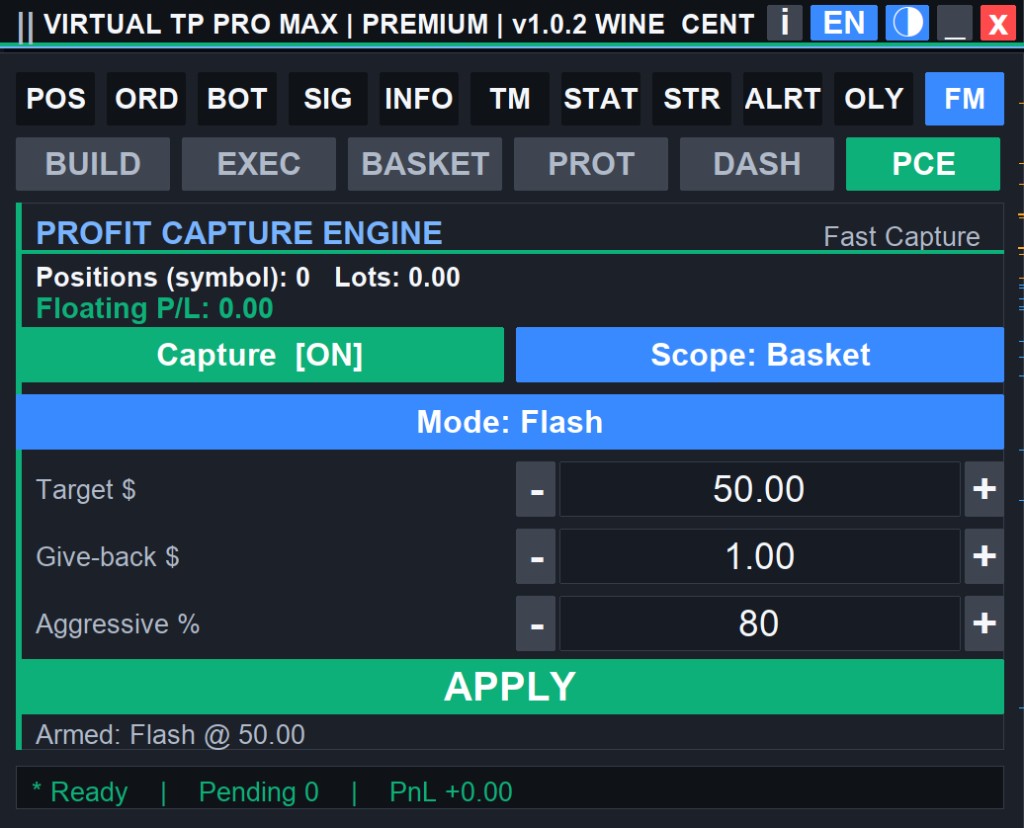 Panel PCE VIRTUAL TP PRO MAX — Profit Capture Engine menutup posisi otomatis saat target profit tercapai