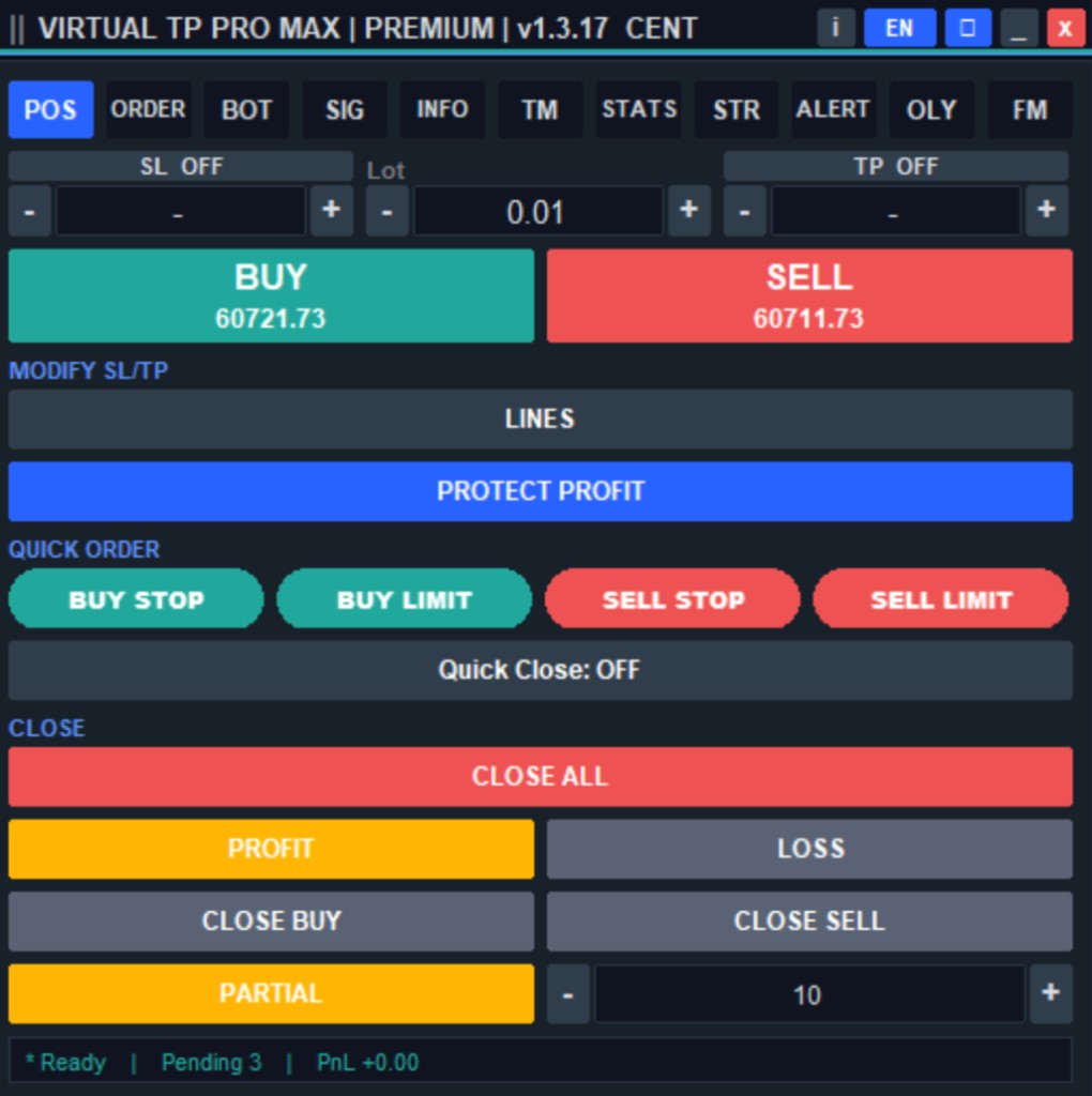 Panel POS VIRTUAL TP PRO MAX — entry manual cepat BUY/SELL, ubah SL/TP, quick order, dan tutup posisi