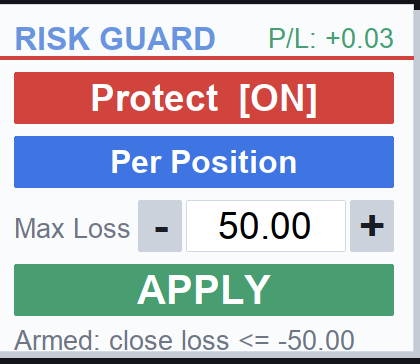 Panel RISK GUARD VIRTUAL TP PRO MAX — Risk Protection Engine: Protect ON, Scope Per Position, Max Loss 50, tombol Apply