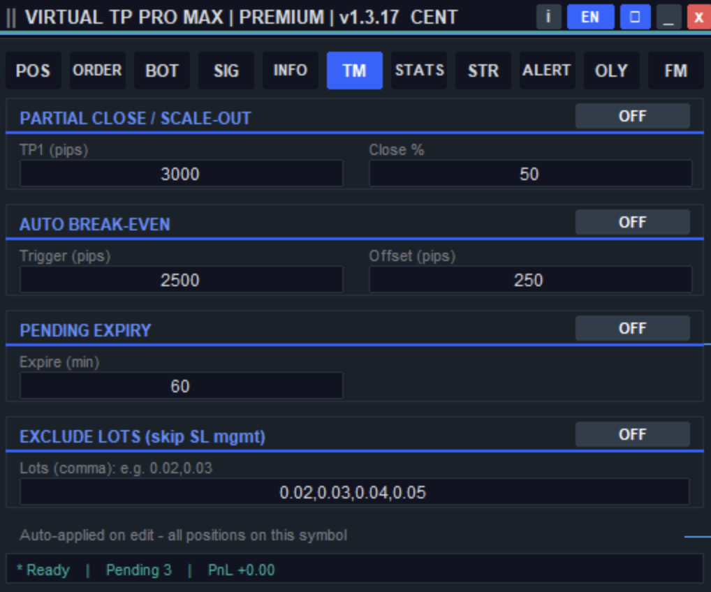 Trade Manager VIRTUAL TP PRO MAX — partial close, auto break-even, pending expiry, dan exclude lots