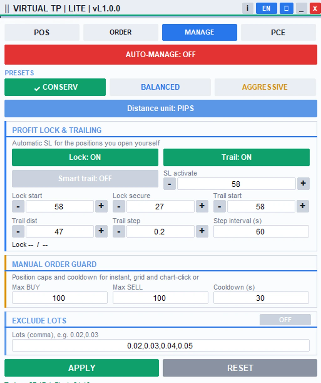 Tab MANAGE AUTO-MANAGE